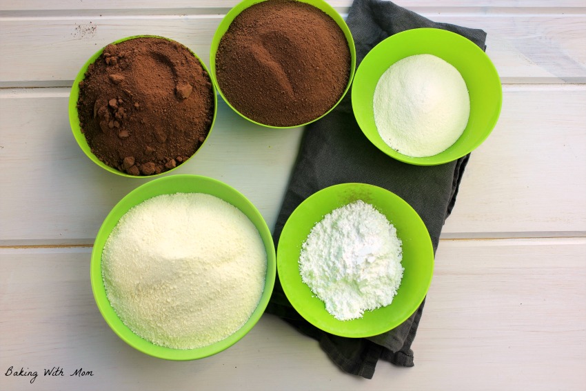 Chocolate, creamer ingredients in green bowls