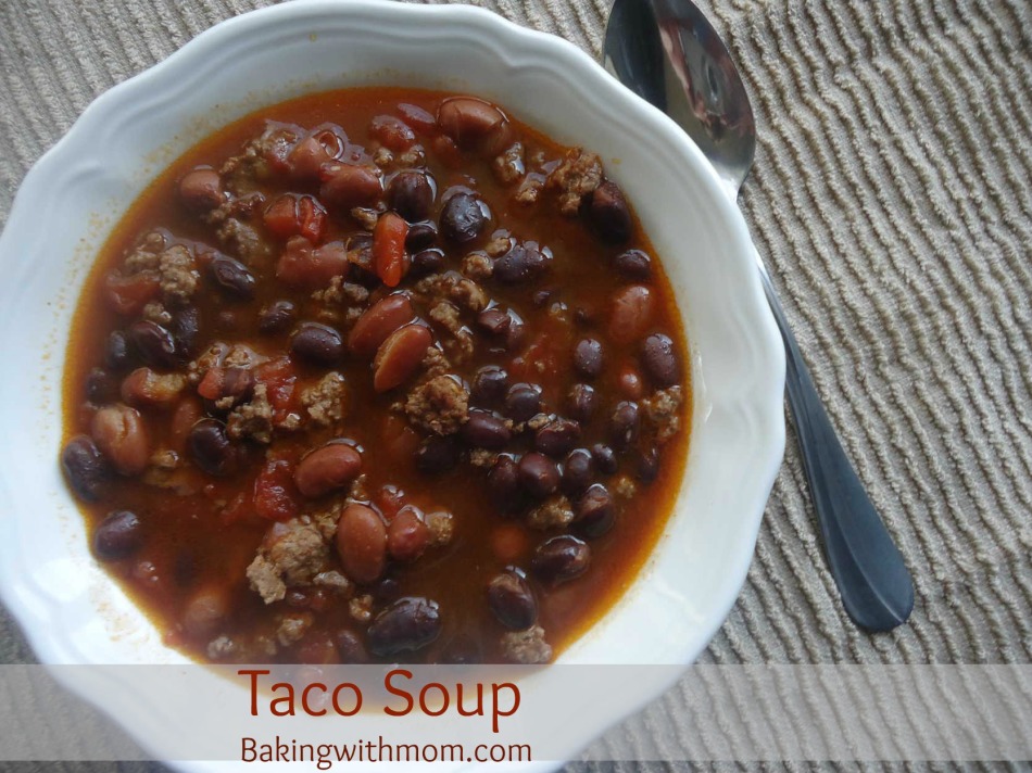 taco soup with beans, tomatoes, hamburger and cheese