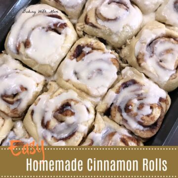 Easy Homemade Cinnamon Rolls in a cake pan with white frosting