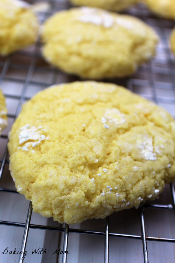 Gooey Butter Cookies on a cooling rack with powdered sugar