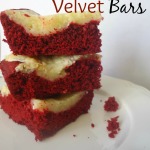 3 red velvet bars stacked on top of each other.