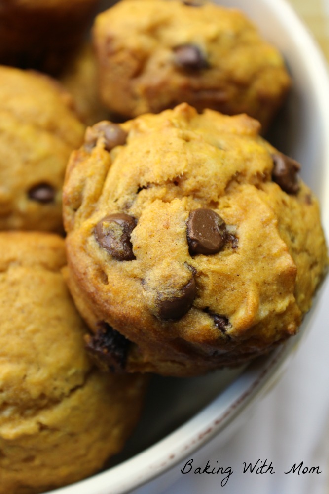 Pumpkin Chocolate Chip Muffins in cream bowl on white towel