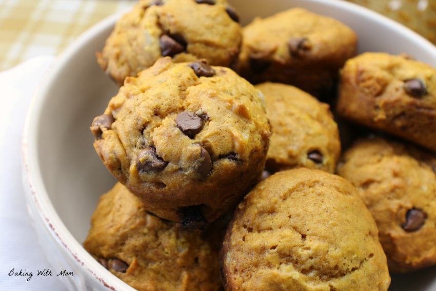 Pumpkin Chocolate Chip Muffins in a cream colored bowl