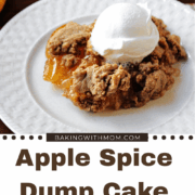 apple spice dump cake with a white plate and a pan behind.