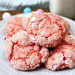 gooey strawberry cookies on a white plate.