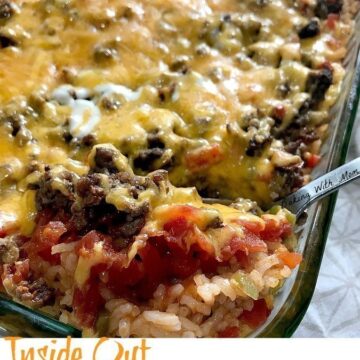 inside out stuffed pepper casserole in a baking dish and a serving spoon