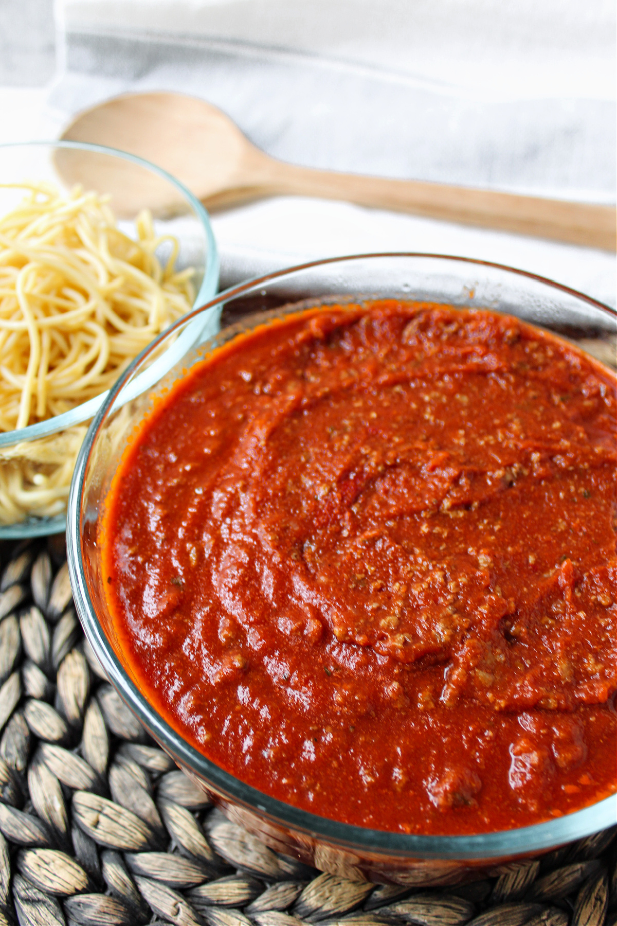 spaghetti sauce in a clear bowl.