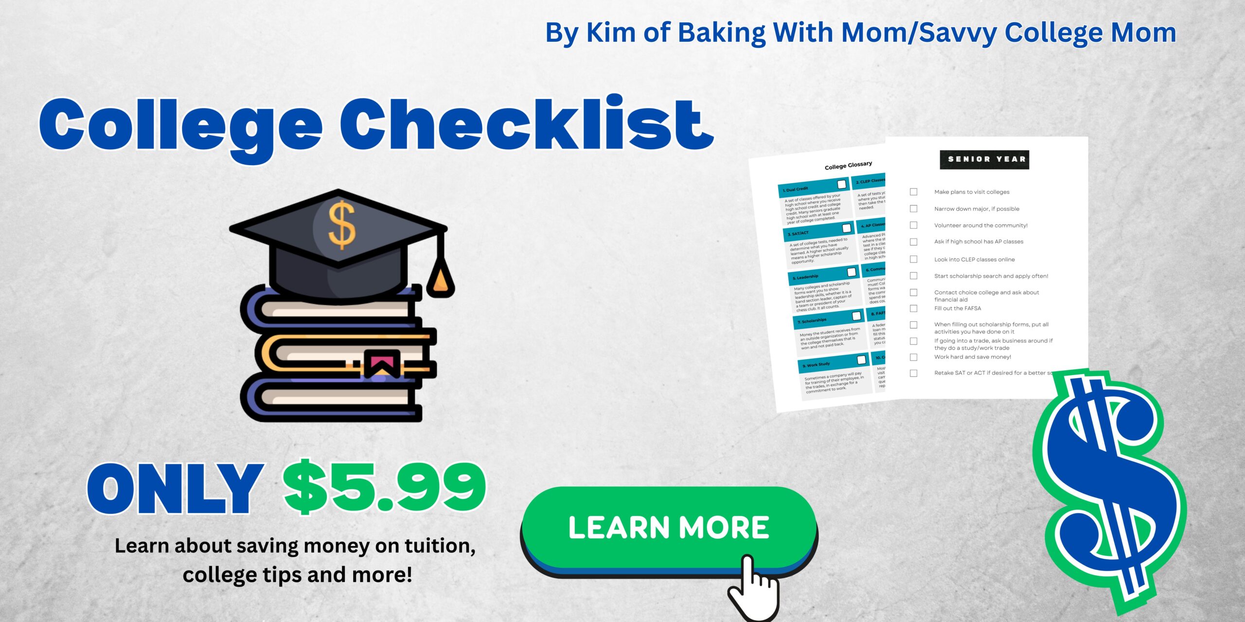 college banner checklist with dollar sign on front.