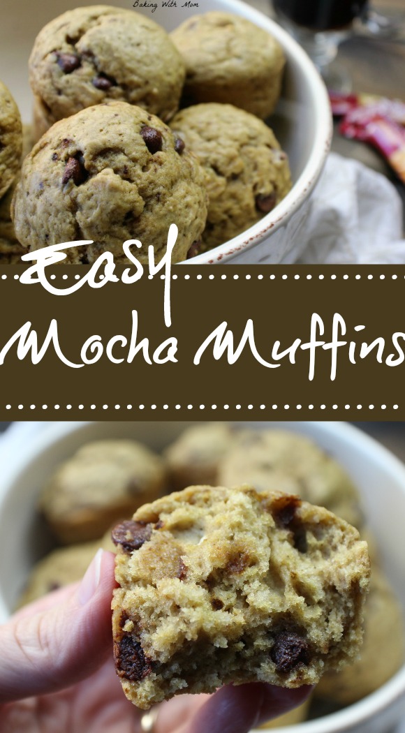 Easy Mocha Muffins with chocolate chips in a cream bowl 