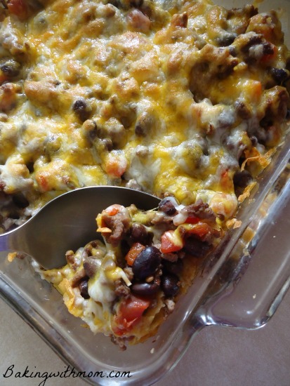 taco tortilla casserole with beans, tomatoes and spices