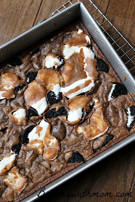 brownies in a pan on a cooling rack