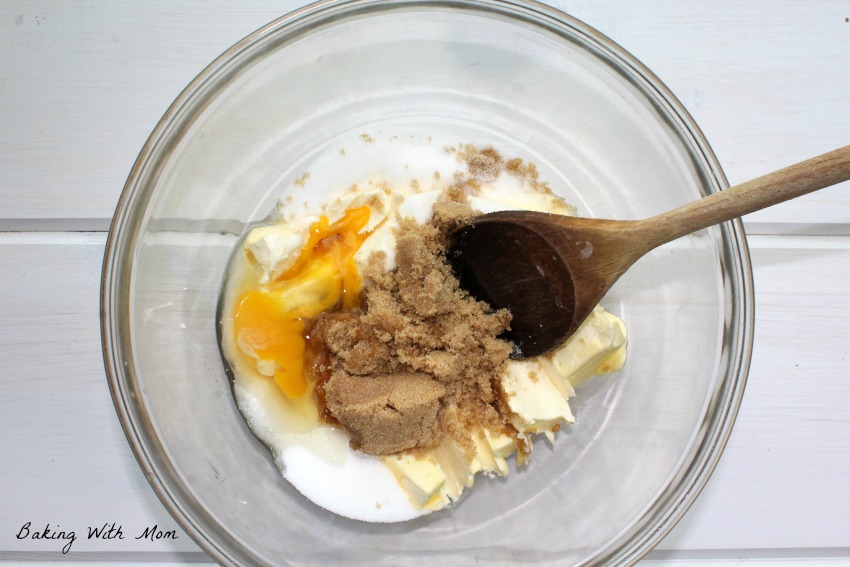 Brown sugar, white sugar in mixing bowl for cookie dough