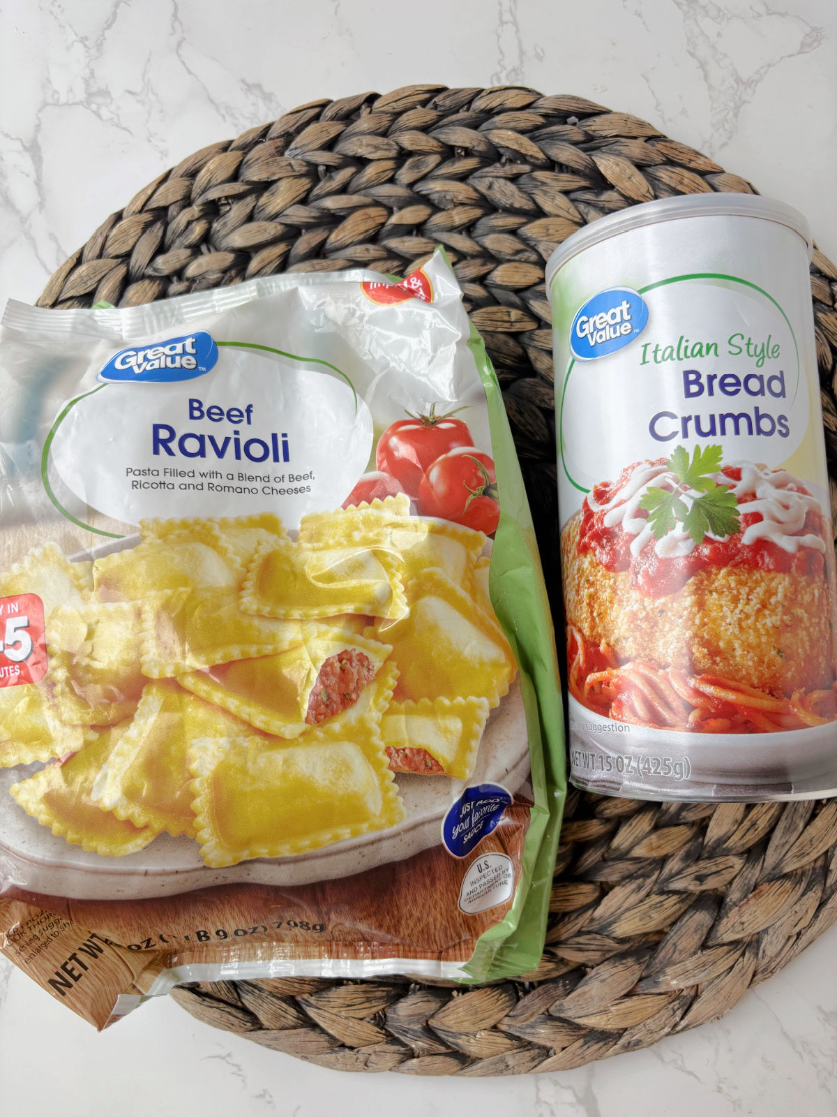 ravioli and bread crumbs on a brown mat. 