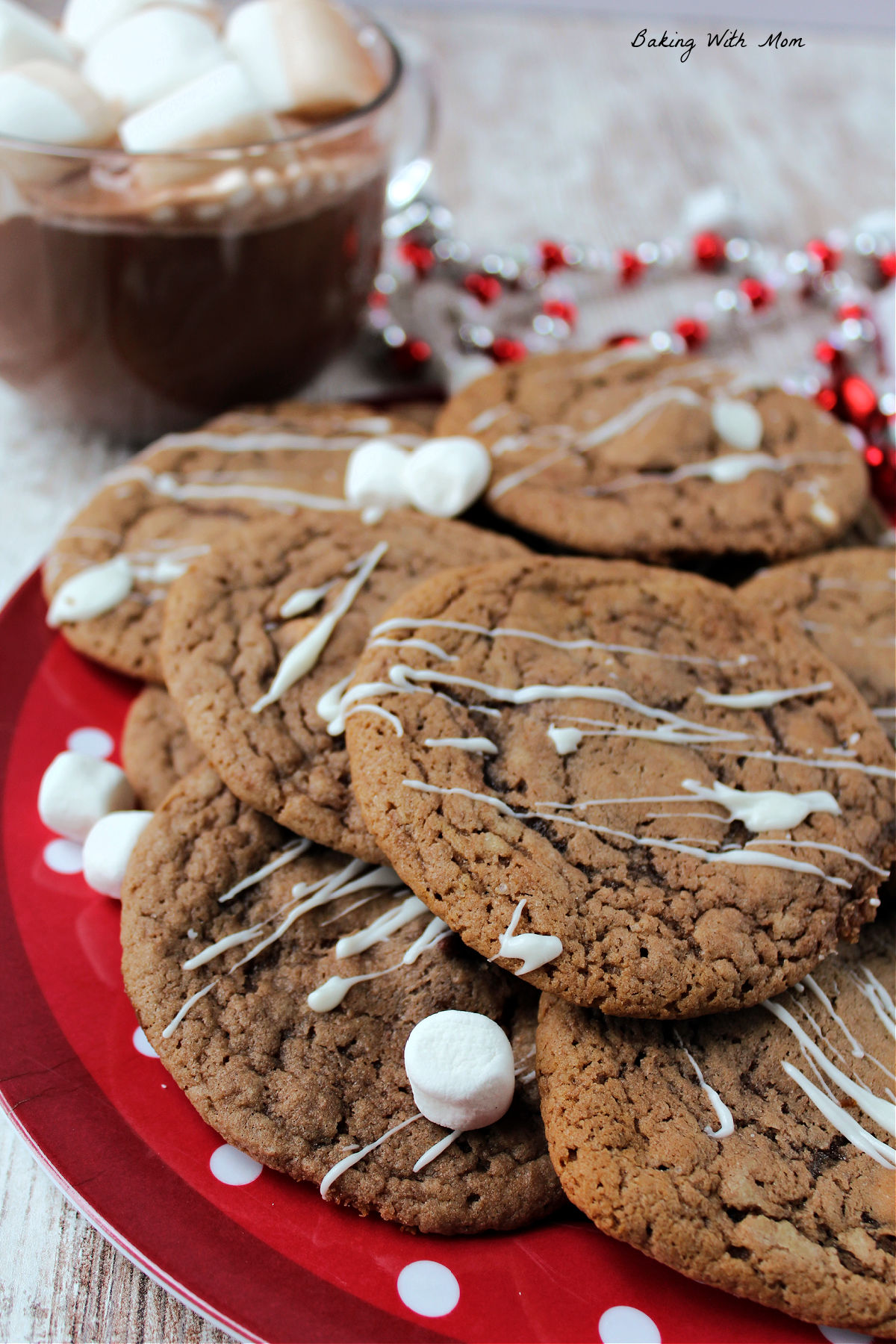 hot chocolate cookies on a red plate.