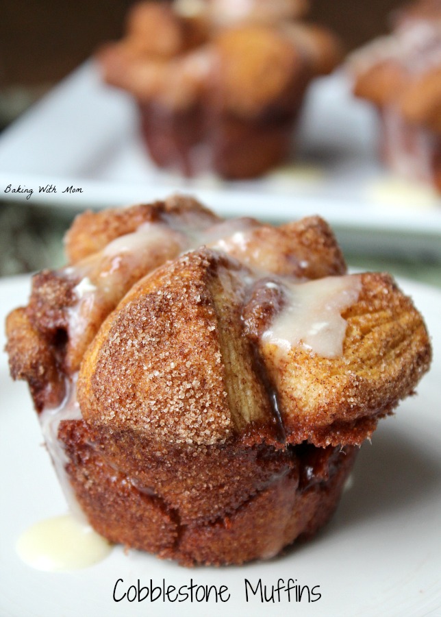 Cobblestone Muffins with apple bits, cinnamon sugar, raisins and drizzled with frosting