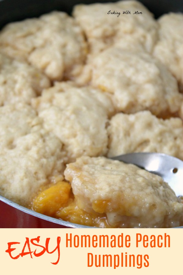 Homemade peach dumplings in a red skillet