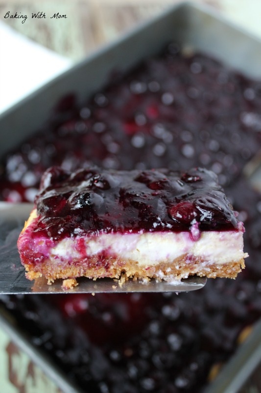 Blueberry cheesecake bars on a spatula with a pan 