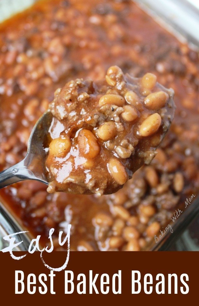 baked beans in a square pan with hamburger