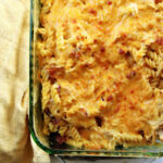 chicken noodle casserole in a baking dish