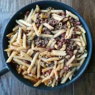 Homemade Chili Mac in a skillet