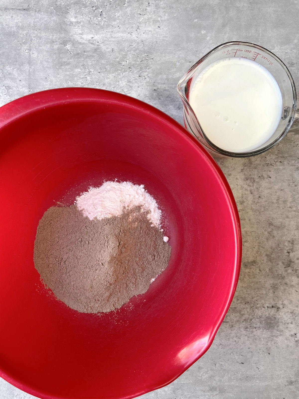 puddings in a red bowl. 