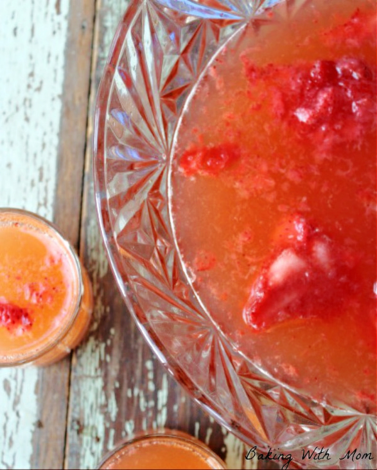 strawberry punch in a clear bowl. 