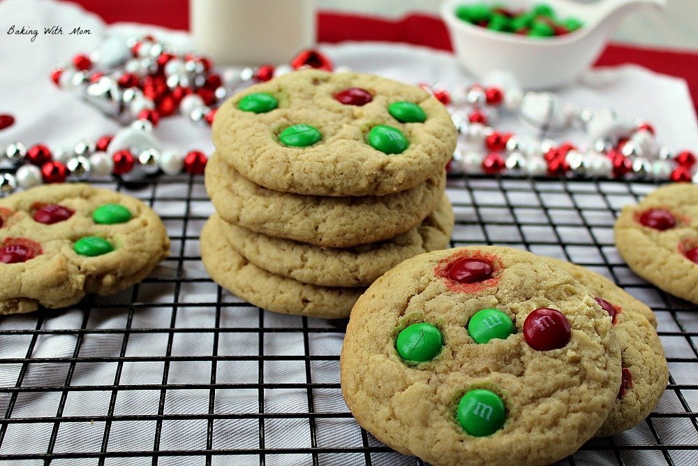 M&M Cookies on a cooking sheet and Christmas colors