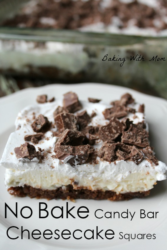 No Bake Candy Bar Cheesecake Squares with chopped candy bar pieces