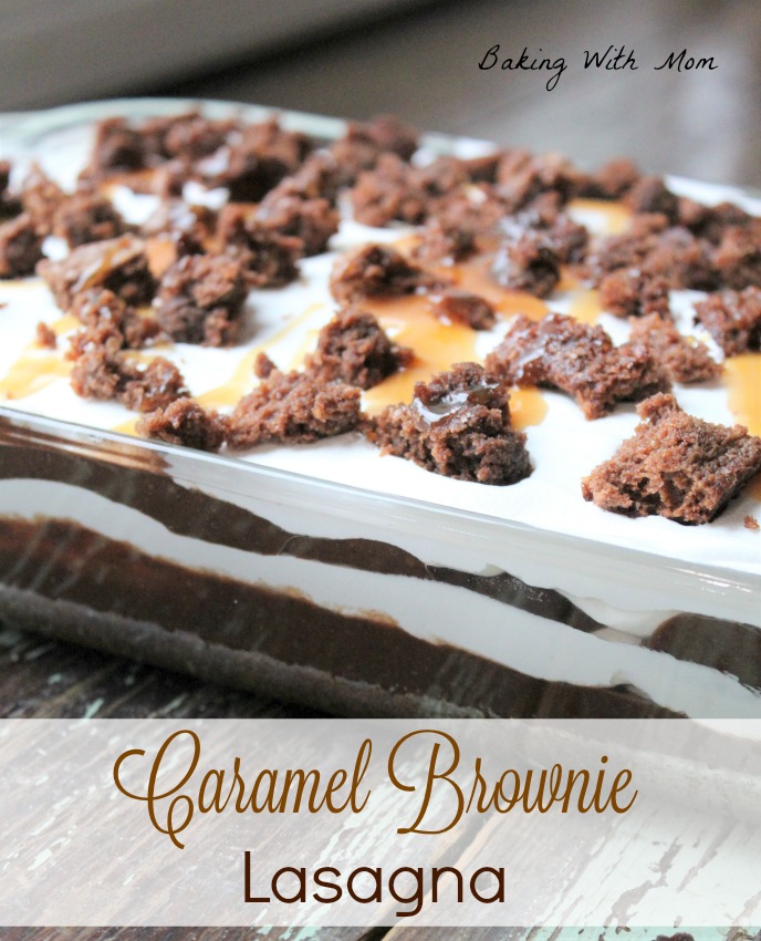 Caramel Brownie Lasagna with layers of whipped cream and chocolate pudding