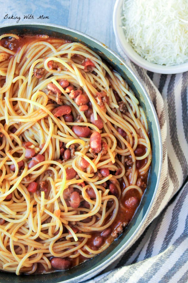 Chili with noodles in a large pan 