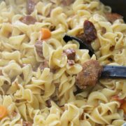 noodles, meat, carrots in a frying pan with a spoon