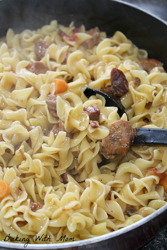 One Dish Beef and Noodles with Eye of Round Steak, carrots, beef broth and egg noodles for a great supper recipe