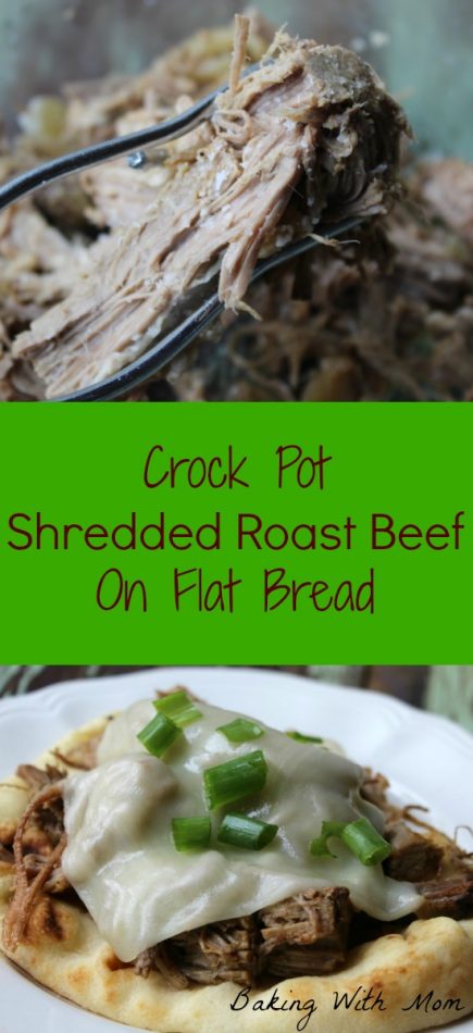 Crock Pot Shredded Roast Beef On Flatbread with cheese for an easy crock pot recipe. onions, pink sea salt. Flavorful!