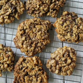 Peanut Butter Chocolate Chip Oatmeal Cookies on a cooling rack