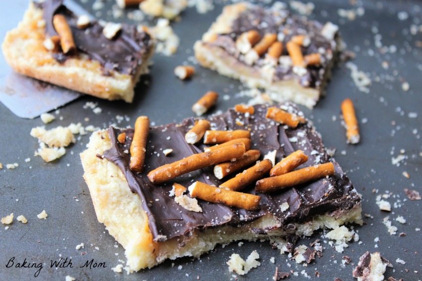 Pretzel Toffee Bars with shortbread crust, layer of toffee and chocolate on top. Dessert recipe easy to make