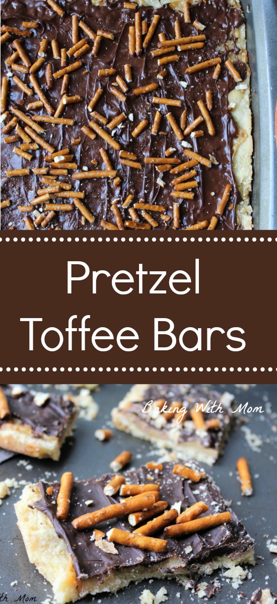 Pretzel Toffee Bars with shortbread crust, cream toffee and chocolate. Topped with pretzels. Salty and sweet dessert