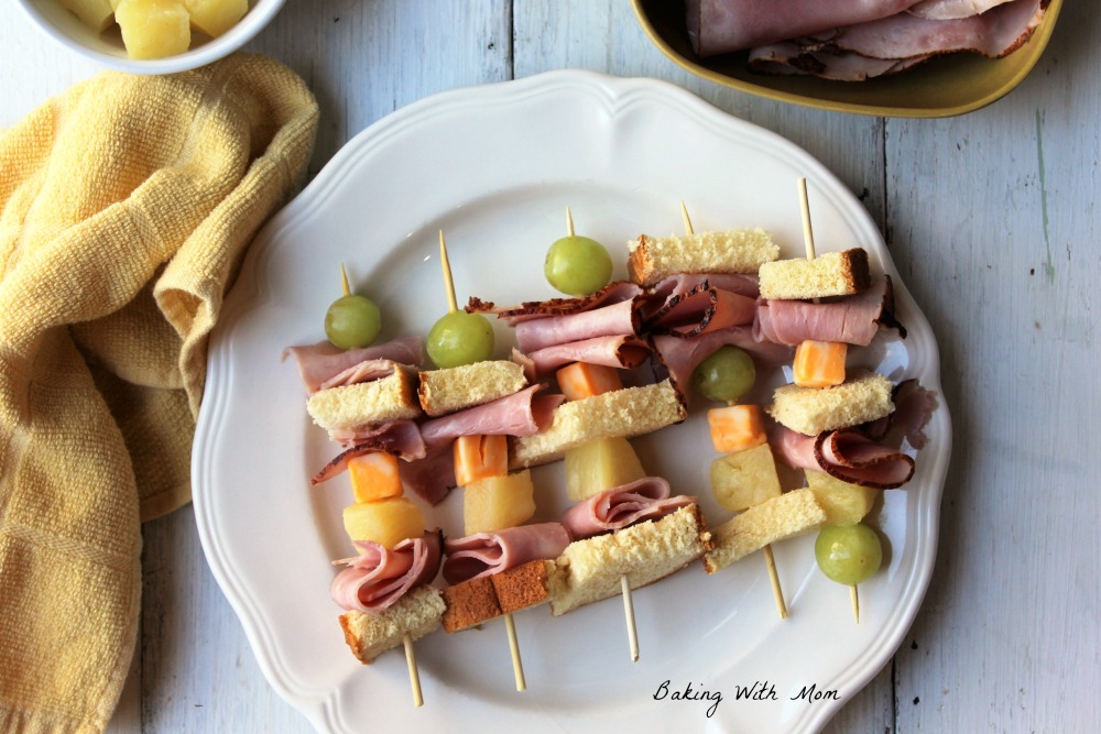 Sweet ham kabobs with ham, cheese, pineapple and bread