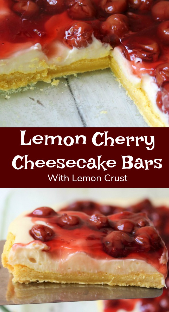 Lemon Cherry Cheesecake with Lemon Crust an easy recipe dessert with cream cheese, lemon cake mix and cherries. 