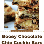 gooey chocolate chip cookie bars in a stack of three.