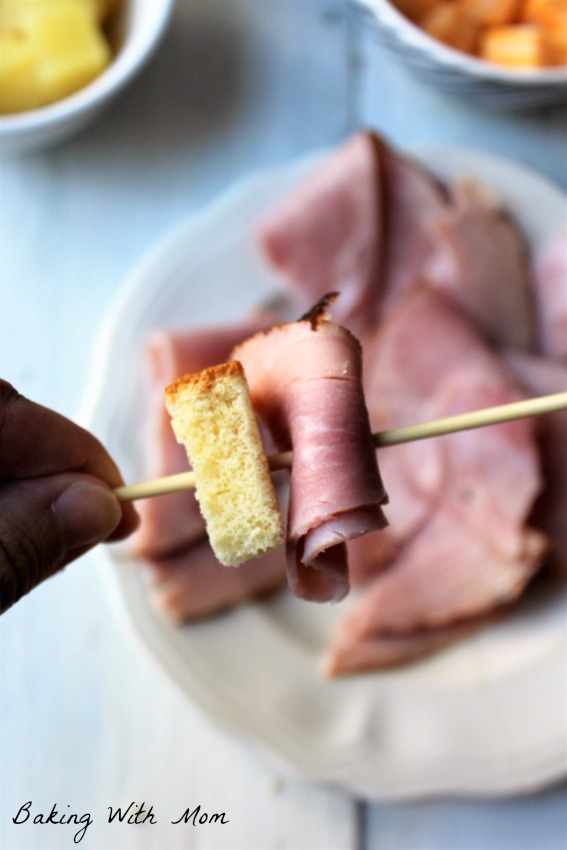 Ham and bread on a kabob stick.