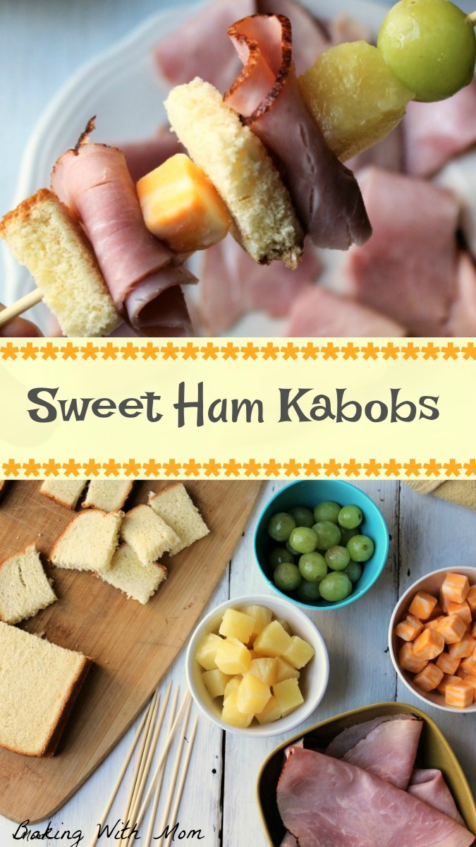 grapes, pineapple, cheese, bread and ham for ham kabobs.