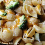 pasta and broccoli close up in a clear baking dish