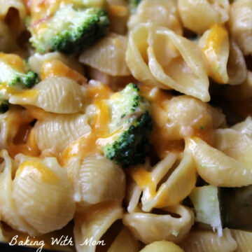 pasta and broccoli close up in a clear baking dish