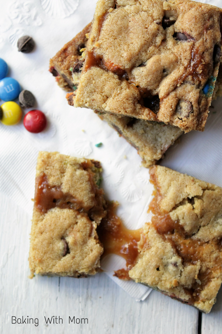 Ultimate Chocolate Caramel Cookie Bars dessert recipe with caramel, chocolate chips and M&M's, delicious M&M cookie recipe