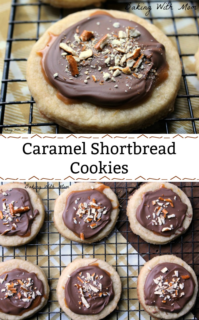 Caramel shortbread cookie collage with cookies on a cooling rack and a cookie on top