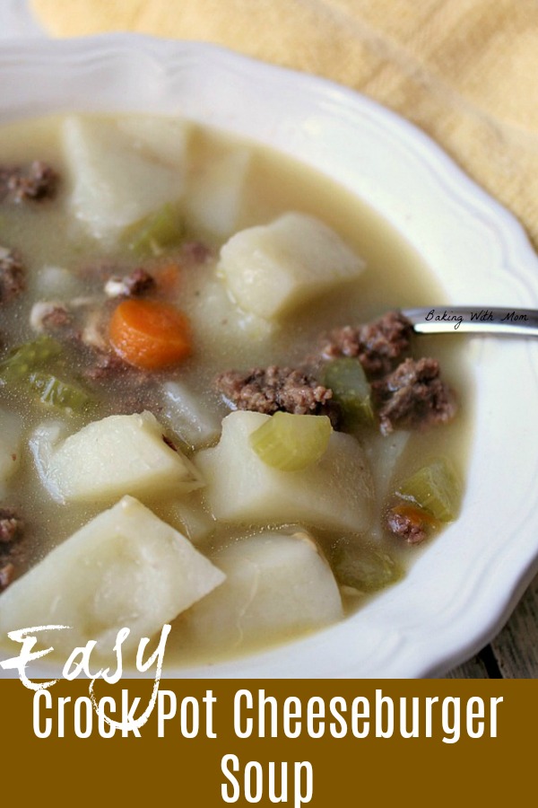 Easy Crock Pot Cheeseburger Soup with hamburger, cheese and potatoes in a bowl with a spoon