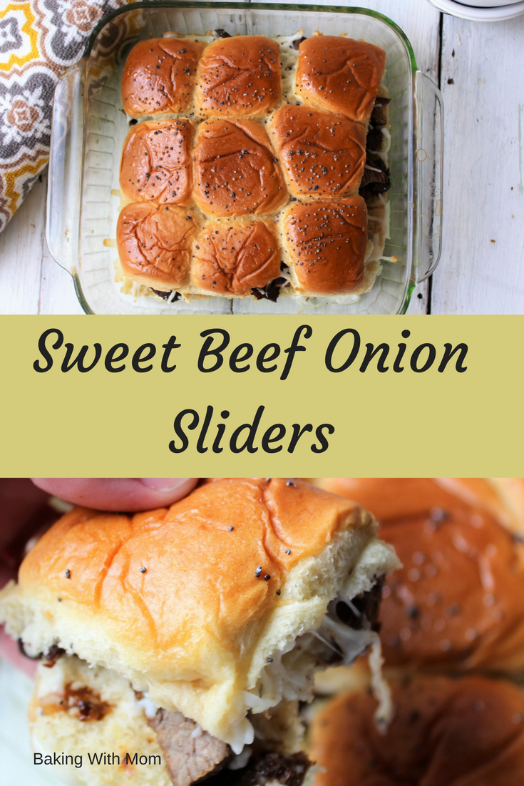 Sweet Beef Onion Sliders with broth, stew meat, onion mix and cheese. Easy meal for parties and guests