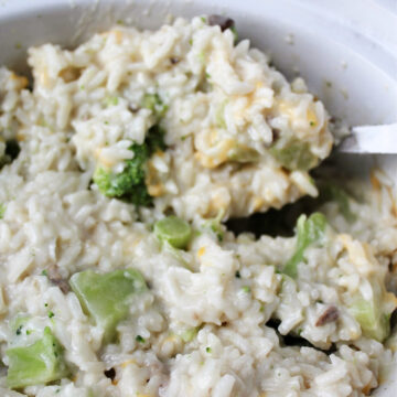 broccoli rice casserole with a spoon.