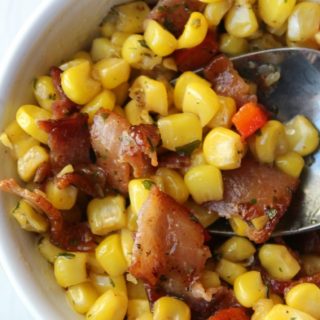 corn, bacon in a white bowl