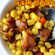 fried corn with bacon in a bowl on a white mat.